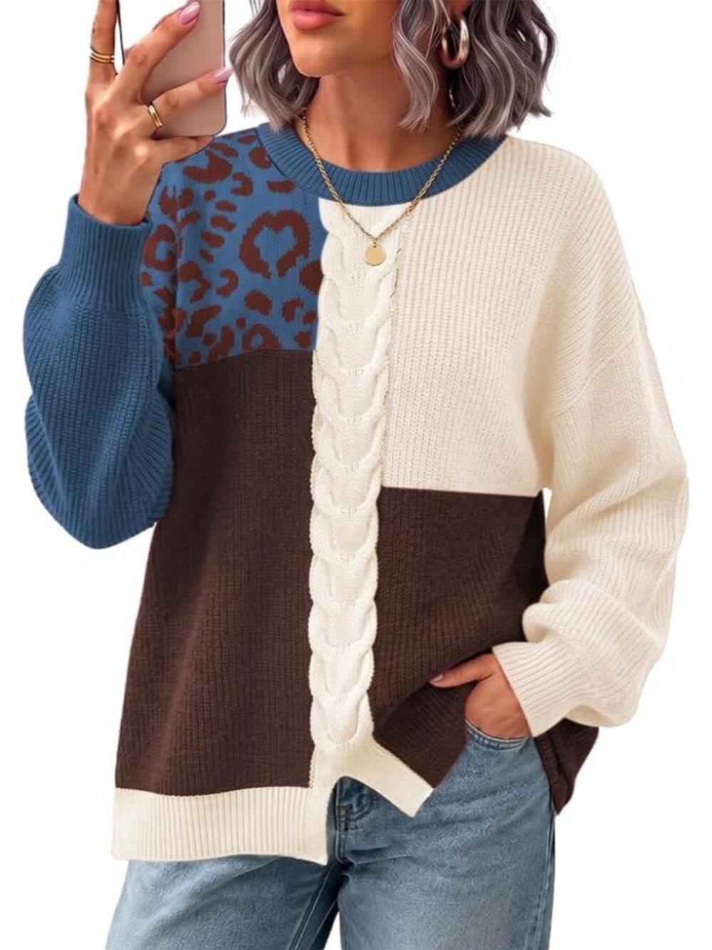 Women's Apricot NEW Oversized Fall Fashion Clothes Contrast Cable Trendy Sweater